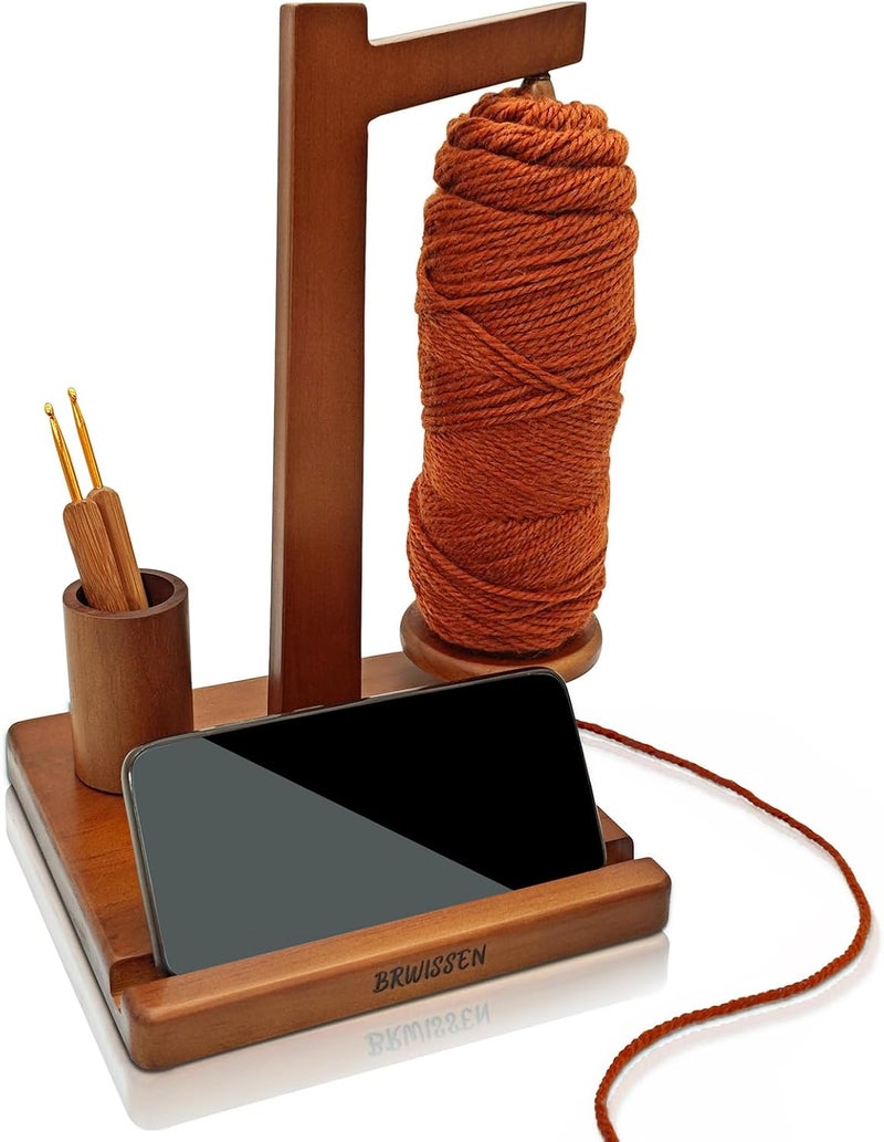 BRWISSEN Wooden Yarn Holder for Crocheting and Knitting with Phone Stand, Crochet Hook Storage, and Magnetic Yarn Ball Holder Spinner - Ideal Gift for Crochet Lovers-Walnut Color - Image 1